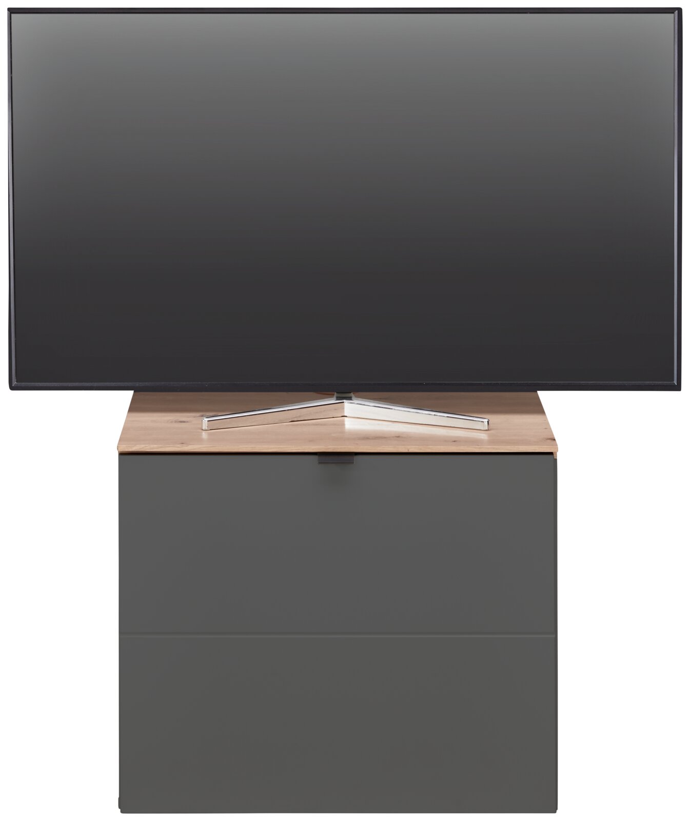 Frontansicht eines modernen TV-Lowboards mit Holzoberfläche und grauer Front, auf dem ein Flachbildfernseher steht.