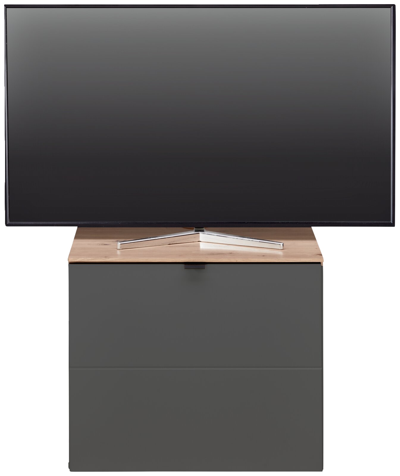 Hom´in TV-Lowboard DIANA Frontansicht eines modernen TV-Lowboards mit Holzoberfläche und grauer Front, auf dem ein Flachbildfernseher steht.