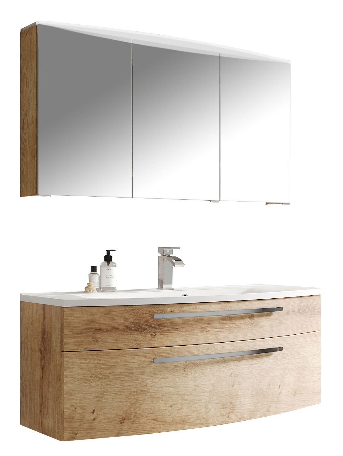 Moderner Badblock mit Holzoptik und Spiegelschrank, Frontalansicht