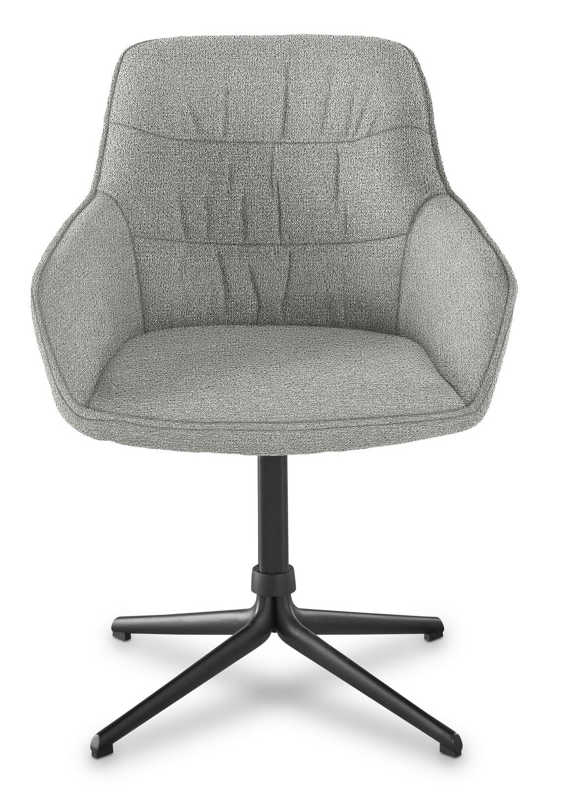 Grauer Armlehnstuhl mit gepolsterter Sitzfläche und Rückenlehne, auf schwarzem Metallgestell, Frontalansicht