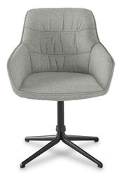 Grauer Armlehnstuhl mit gepolsterter Sitzfläche und Rückenlehne, auf schwarzem Metallgestell, Frontalansicht