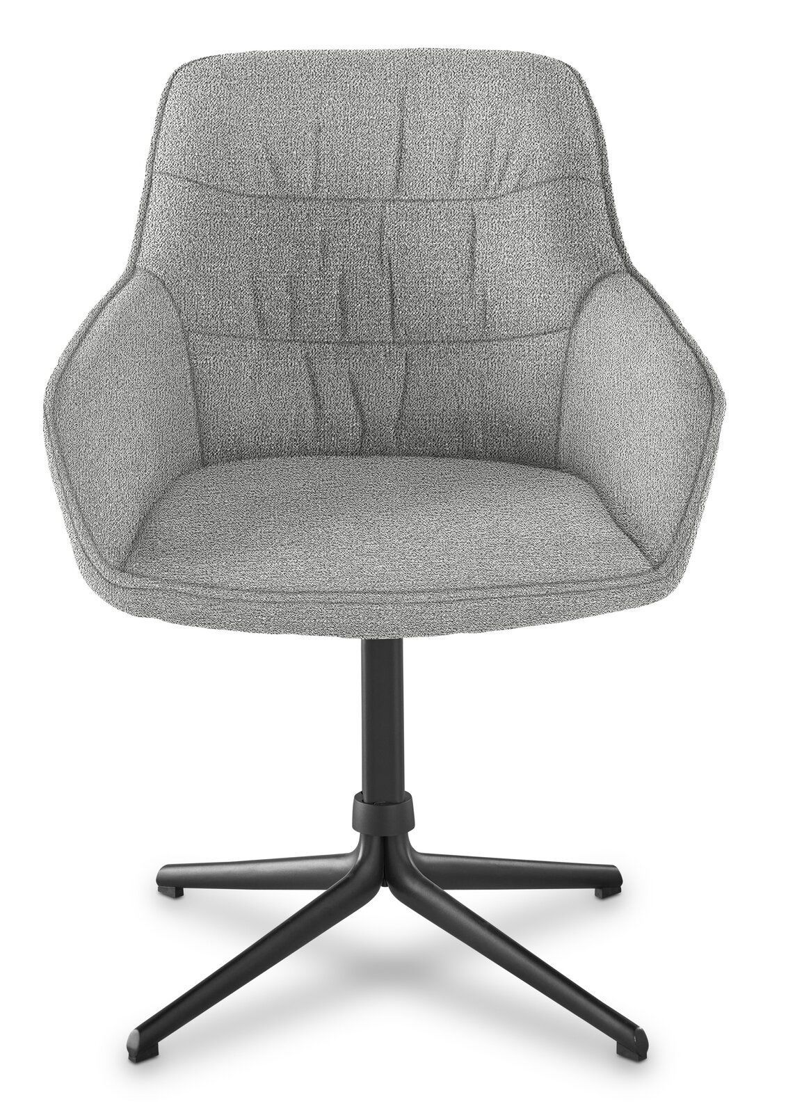 Grauer Armlehnstuhl mit gepolsterter Sitzfläche und Rückenlehne, auf schwarzem Metallgestell, Frontalansicht