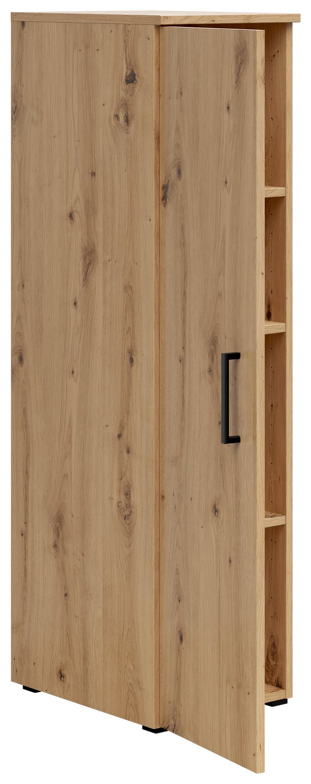 Mehrzweckschrank aus Holz mit natürlicher Maserung, schwarze Griffleiste, seitliche Perspektive