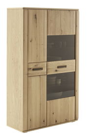 Hochwertiges Highboard aus Holz mit Glaseinsätzen, seitliche Perspektive
