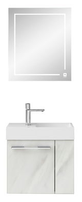 Moderne Badezimmermöbel mit beleuchtetem Spiegel und Waschbecken, Frontalansicht
