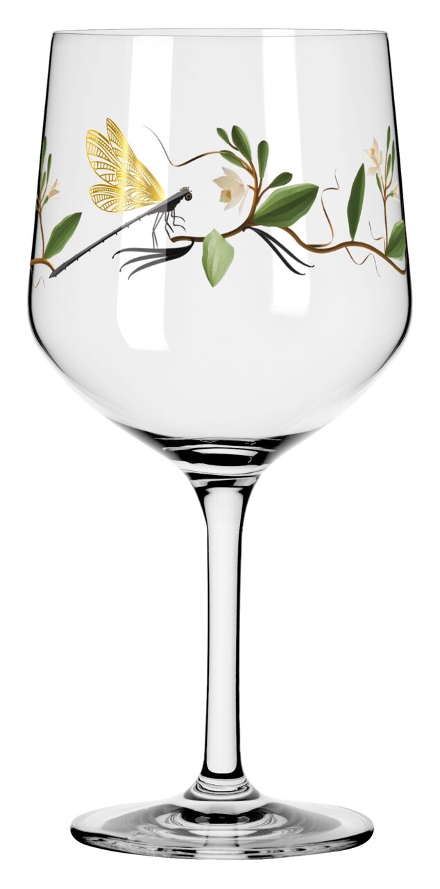 Ginglas mit Libellen- und Pflanzenmotiv, seitliche Perspektive