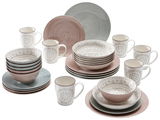Porzellan-Set Valencia 30-teilig in sanften Pastelltönen mit dekorativen Mustern, bestehend aus Tellern, Schalen und Tassen, aus der Vogelperspektive.