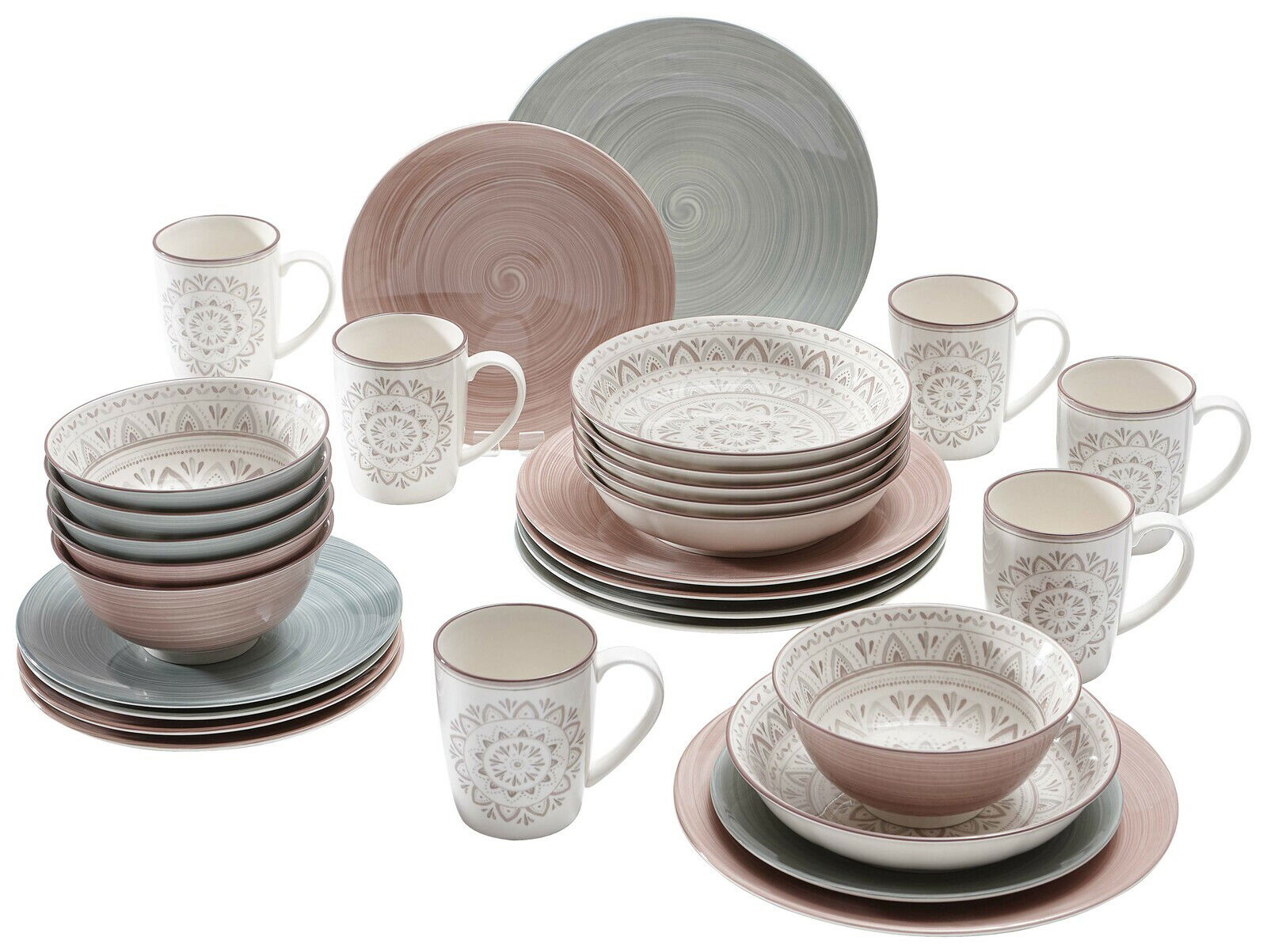 Porzellan-Set Valencia 30-teilig in sanften Pastelltönen mit dekorativen Mustern, bestehend aus Tellern, Schalen und Tassen, aus der Vogelperspektive.