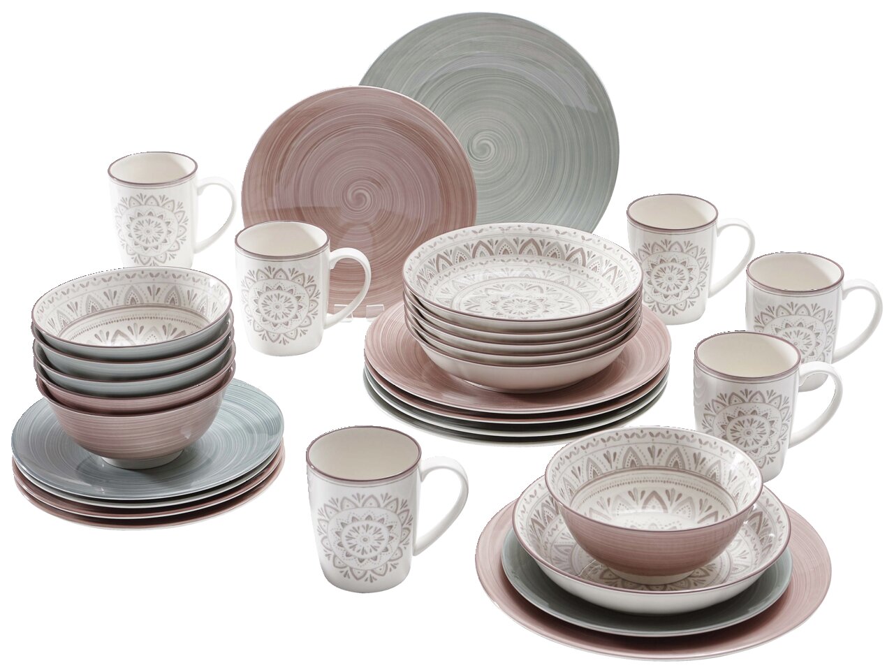 Porzellan-Set Valencia 30-teilig in sanften Pastelltönen mit dekorativen Mustern, bestehend aus Tellern, Schalen und Tassen, aus der Vogelperspektive.