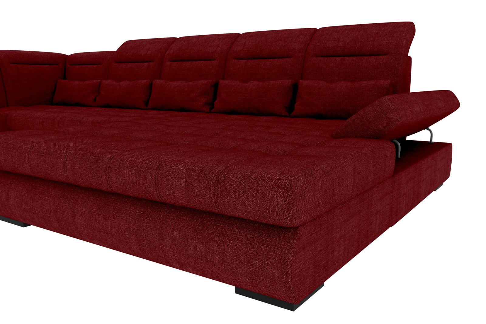 Bordeauxrotes Polsterbett/Schlafsofa mit Stoffbezug, hoher Rückenlehne und kleinen Kissen, Ansicht schräg von vorne rechts
