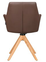 Rückansicht eines braunen Armlehnstuhls mit Holzbeinen