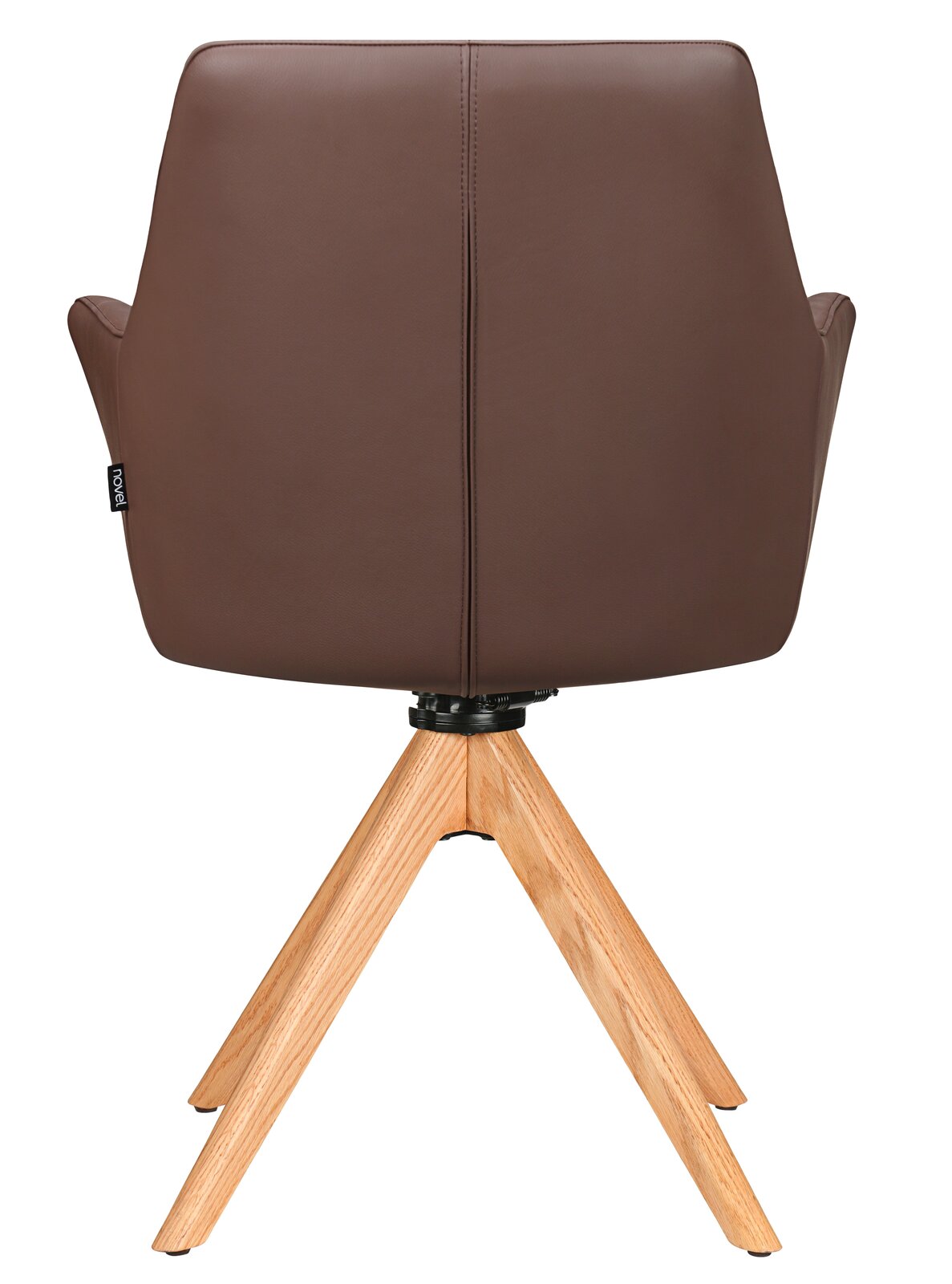 Rückansicht eines braunen Armlehnstuhls mit Holzbeinen