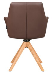 Rückansicht eines braunen Armlehnstuhls mit Holzbeinen