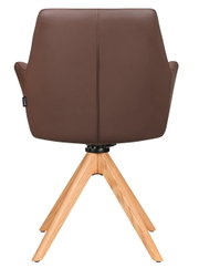 Rückansicht eines braunen Armlehnstuhls mit Holzbeinen