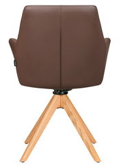 Rückansicht eines braunen Armlehnstuhls mit Holzbeinen
