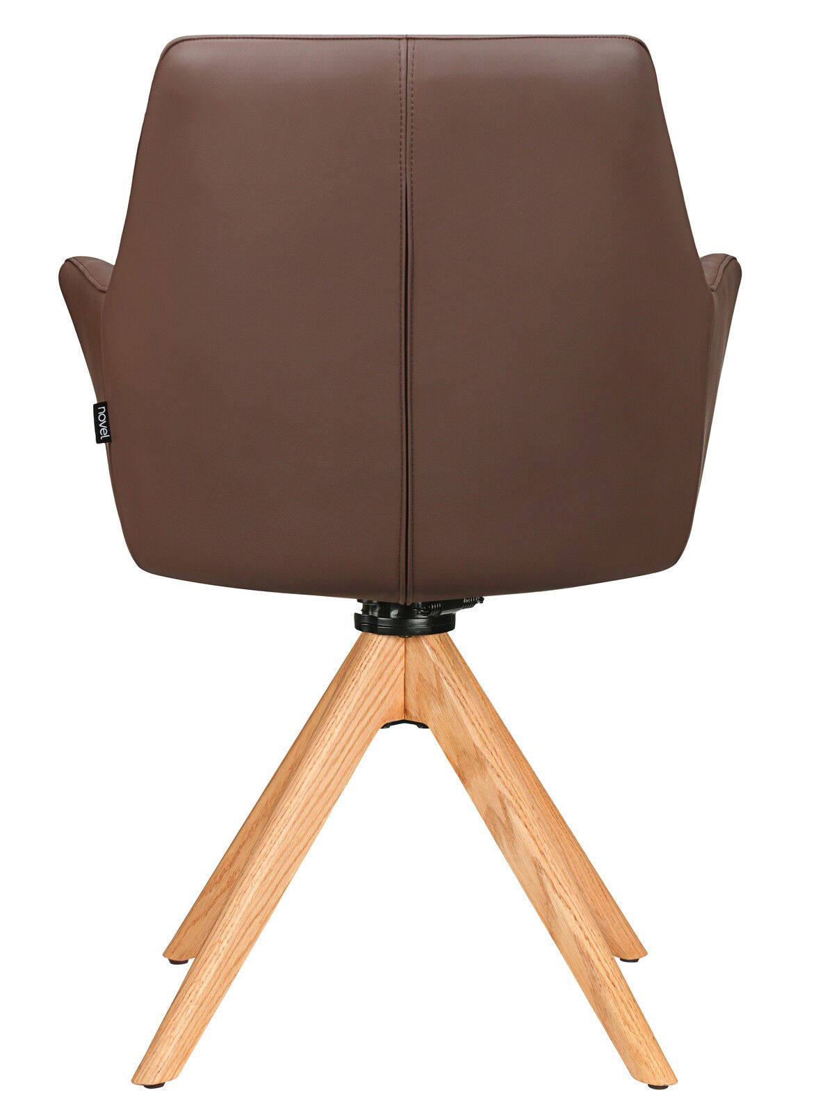 Rückansicht eines braunen Armlehnstuhls mit Holzbeinen