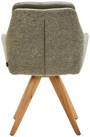 Rückansicht eines Armlehnstuhls mit grünem Stoffbezug und Holzbeinen.