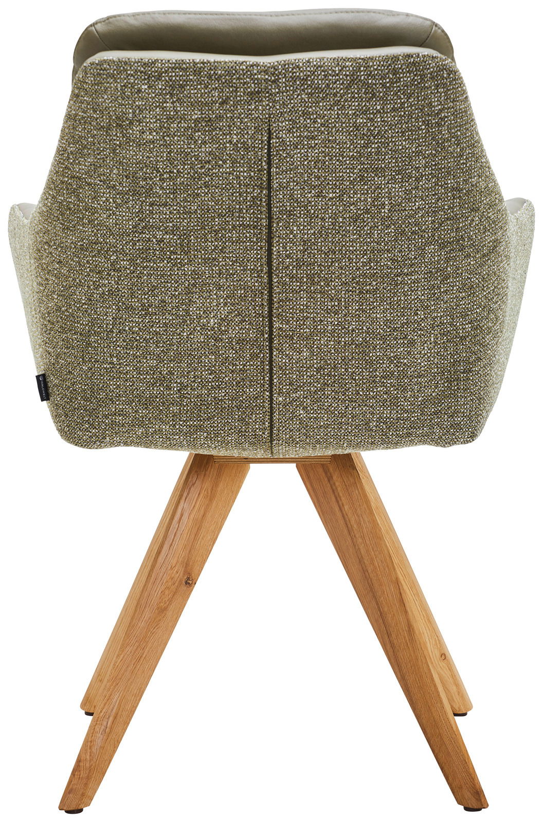 Rückansicht eines Armlehnstuhls mit grünem Stoffbezug und Holzbeinen.