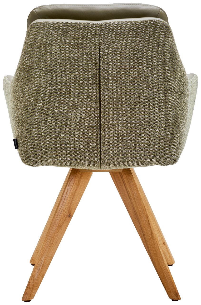 Rückansicht eines Armlehnstuhls mit grünem Stoffbezug und Holzbeinen.