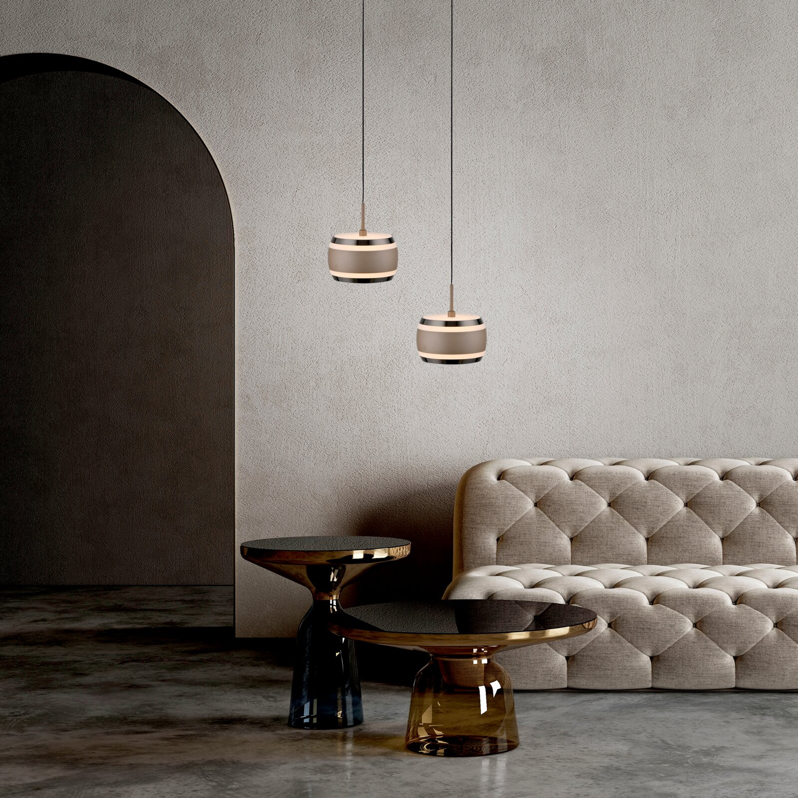 Neuhaus Pure LED-hanglamp PURE FALLING RINGS Twee moderne LED-hanglampen in een elegante woonkamer met een beige bank en stijlvolle bijzettafels, gezien vanaf de zijkant.
