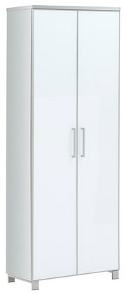 Moderner weißer Dielenschrank mit zwei Türen und silbernen Griffen, frontal abgebildet.