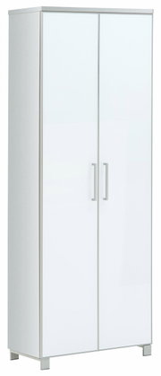 Moderner weißer Dielenschrank mit zwei Türen und silbernen Griffen, frontal abgebildet.