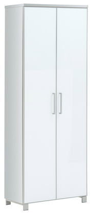 Moderner weißer Dielenschrank mit zwei Türen und silbernen Griffen, frontal abgebildet.