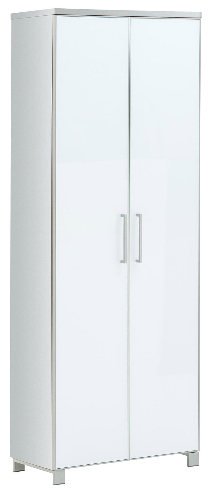 Moderner weißer Dielenschrank mit zwei Türen und silbernen Griffen, frontal abgebildet.
