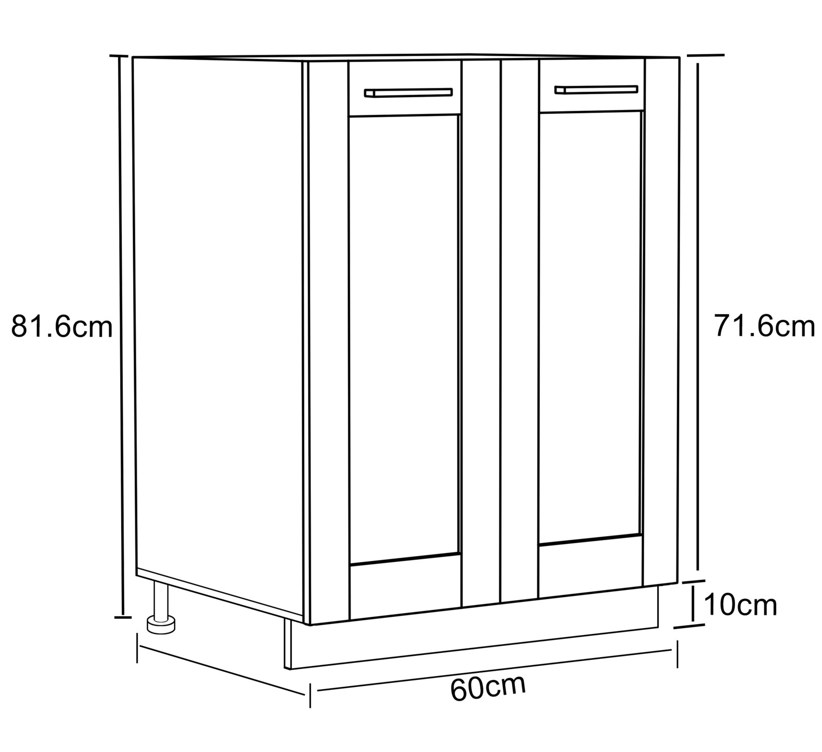Technische Strichzeichnung eines kompakten Bad-Unterschranks mit zwei Türen und zwei Schubladen, Maße ca. 60 cm Breite, 81,6 cm Höhe und 71,6 cm Tiefe, mit 10 cm Sockel/Beinen, dargestellt in schräger Frontansicht (Perspektive von vorne links).