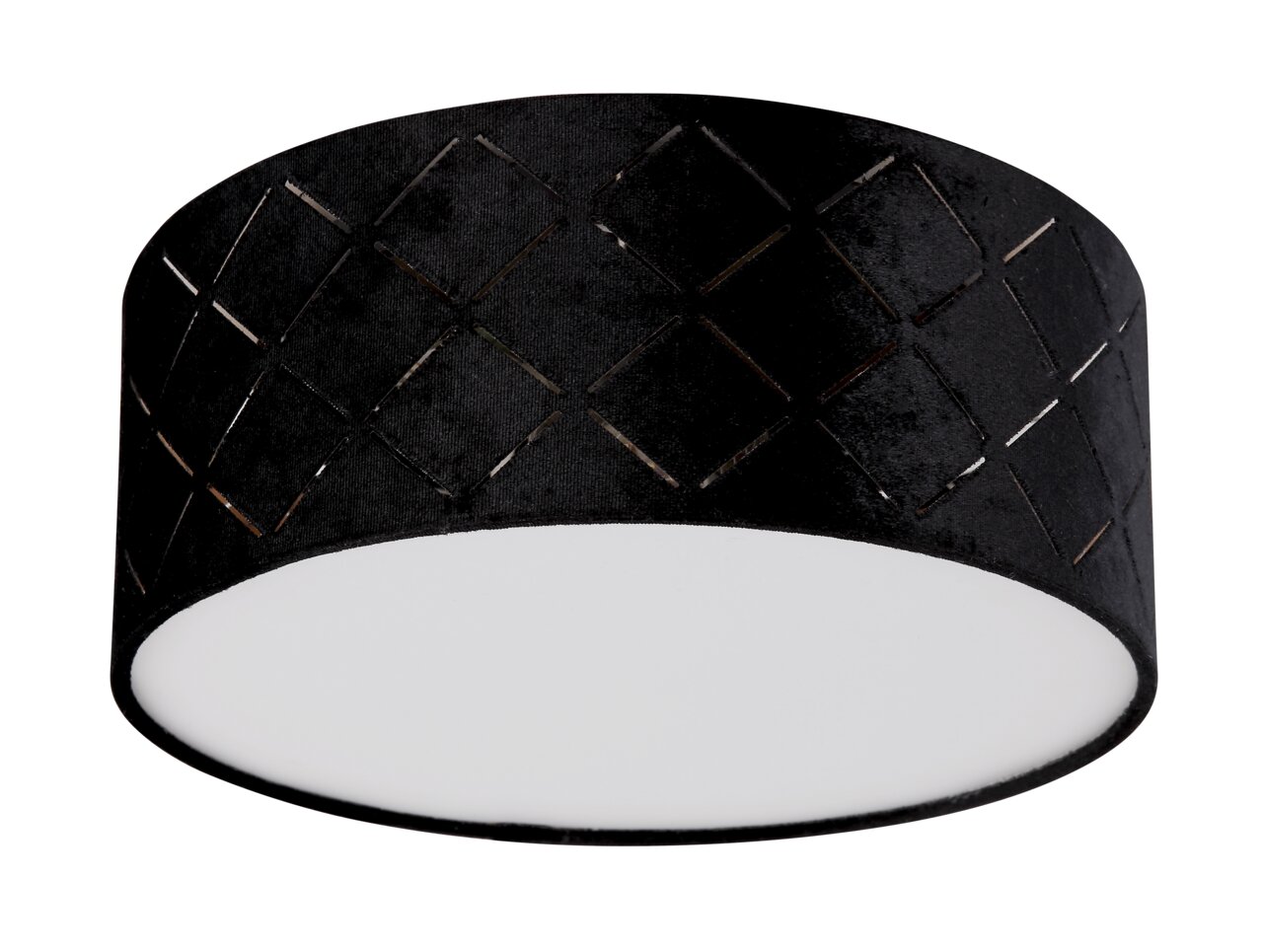 Schwarze Deckenleuchte mit geometrischem Muster, seitliche Perspektive