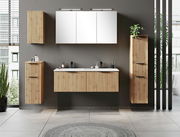 Modernes Waschtisch-Set 120 cm mit Holzverkleidung, bestehend aus einem großen Spiegel, einem Waschbecken und mehreren Schränken, frontal fotografiert.