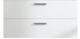 Frontansicht eines weißen Waschtischunterschranks mit zwei Schubladen und silbernen Griffen