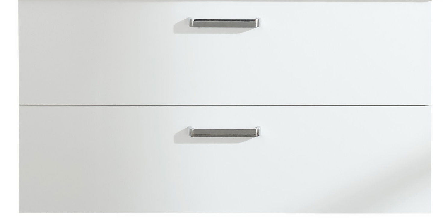 Frontansicht eines weißen Waschtischunterschranks mit zwei Schubladen und silbernen Griffen