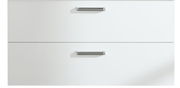 Frontansicht eines weißen Waschtischunterschranks mit zwei Schubladen und silbernen Griffen