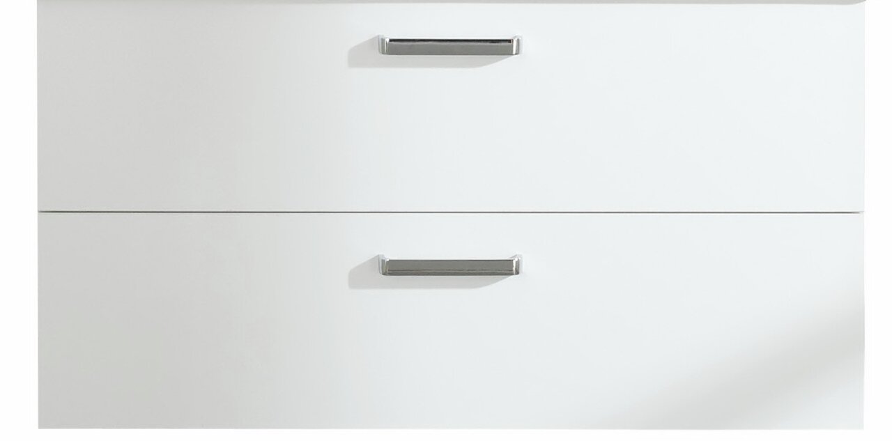 XORA Waschtischunterschrank TIVOLI Frontansicht eines weißen Waschtischunterschranks mit zwei Schubladen und silbernen Griffen
