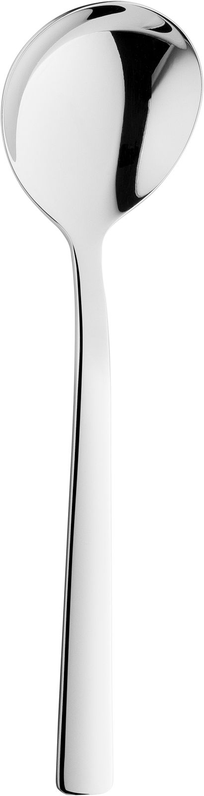 Eleganter, glänzender Edelstahllöffel aus der Vogelperspektive fotografiert.