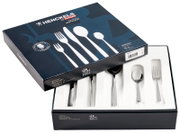 HENCKELS by Zwilling Rainfall Besteckset in geöffneter Geschenkbox mit glänzendem Edelstahlbesteck, schräg von oben fotografiert (3/4-Ansicht)