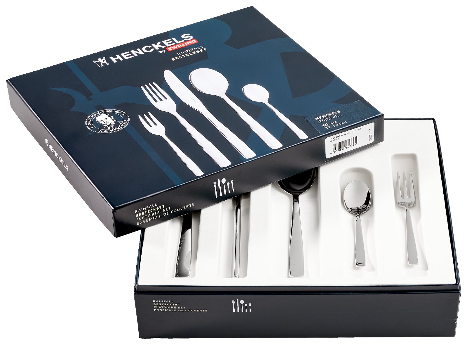 HENCKELS by Zwilling Rainfall Besteckset in geöffneter Geschenkbox mit glänzendem Edelstahlbesteck, schräg von oben fotografiert (3/4-Ansicht)