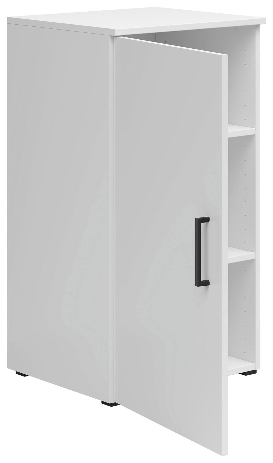 Weiße Kommode mit geöffneter Tür, zeigt Innenregale, seitliche Perspektive