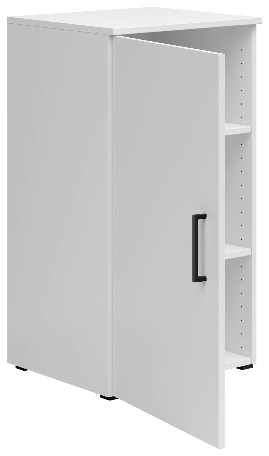 Weiße Kommode mit geöffneter Tür, zeigt Innenregale, seitliche Perspektive