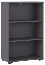 Graues Aktenregal mit drei offenen Fächern, seitliche Perspektive