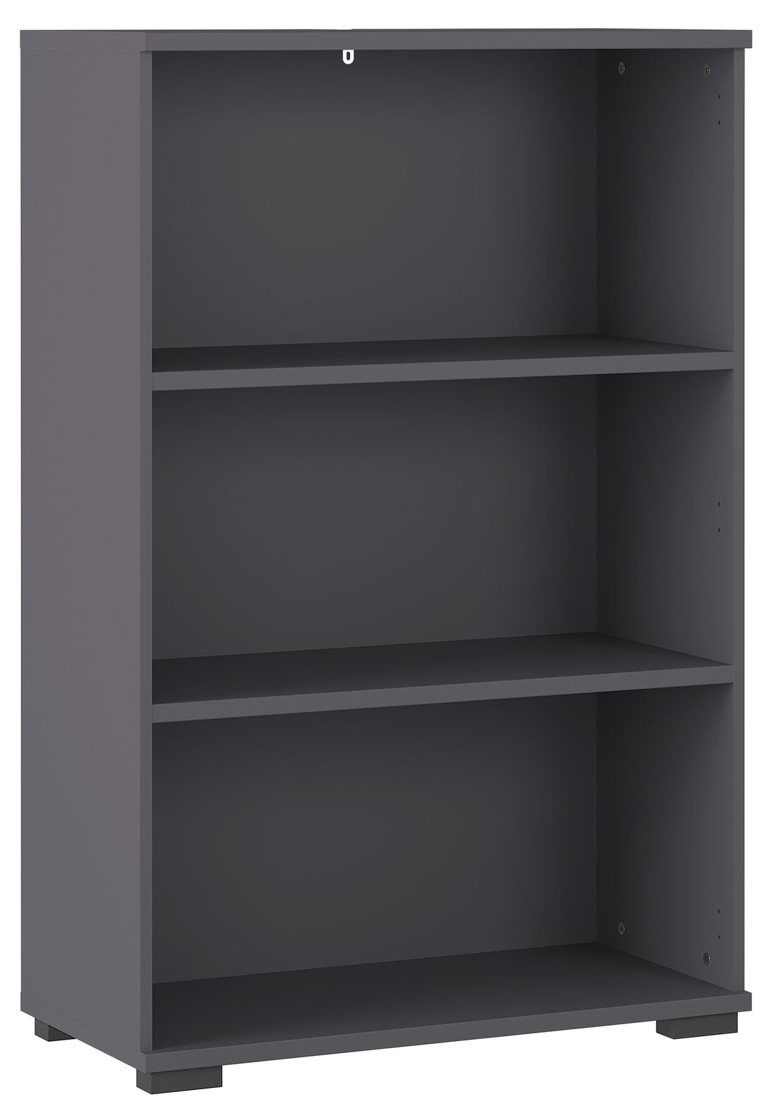 Graues Aktenregal mit drei offenen Fächern, seitliche Perspektive