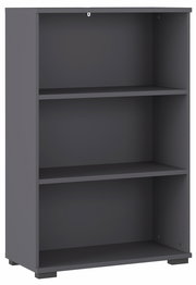 Graues Aktenregal mit drei offenen Fächern, seitliche Perspektive