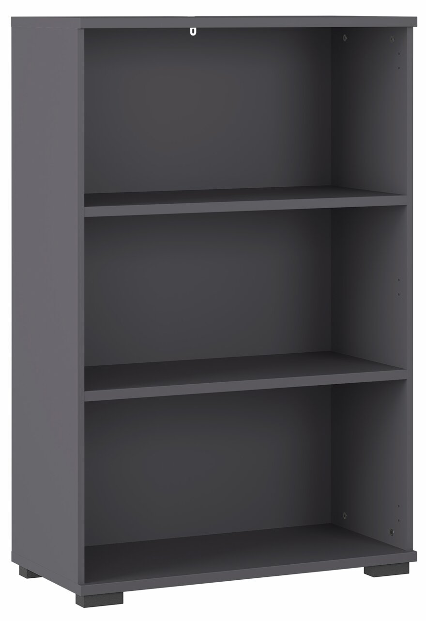 Graues Aktenregal mit drei offenen Fächern, seitliche Perspektive