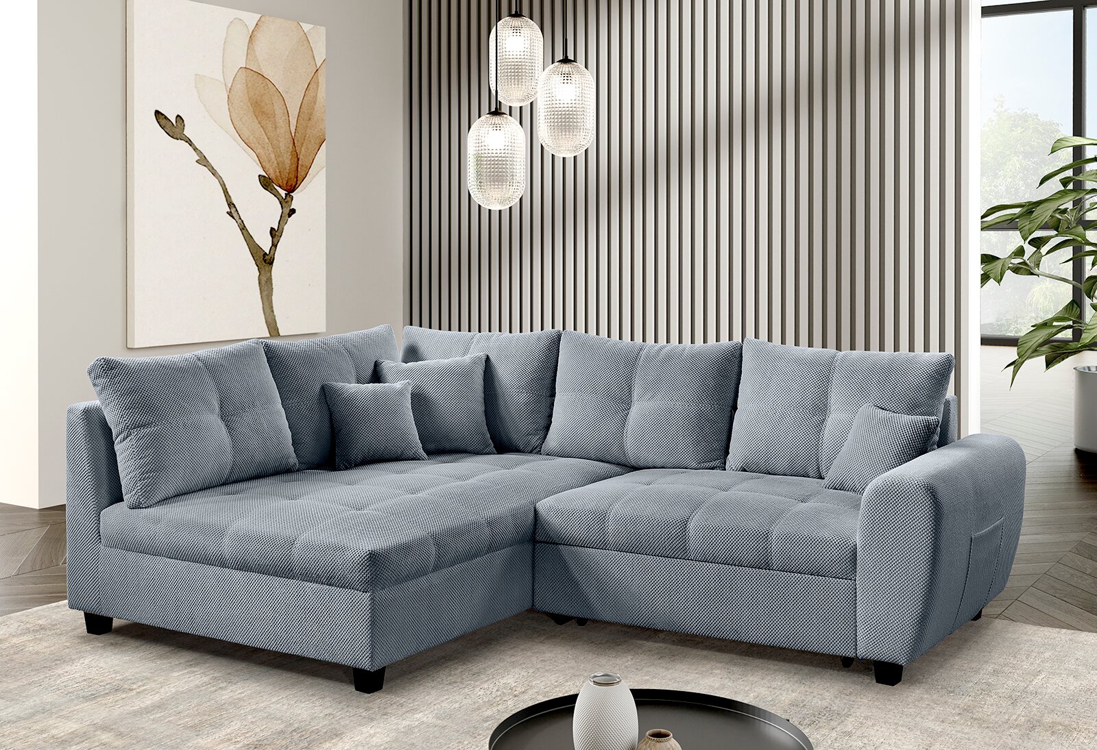 Z2 Hoekbank BELLUNO Grijze hoekbank (L) in een moderne woonkamer, zijaanzicht