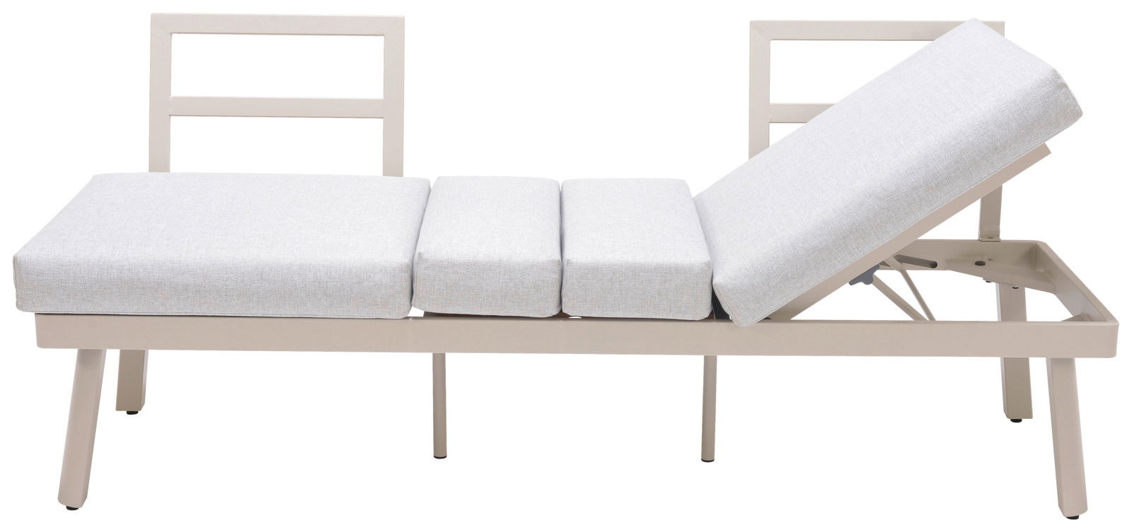 Seitliche Ansicht einer Lounge-Kombination mit verstellbarer Rückenlehne und hellgrauen Polstern.