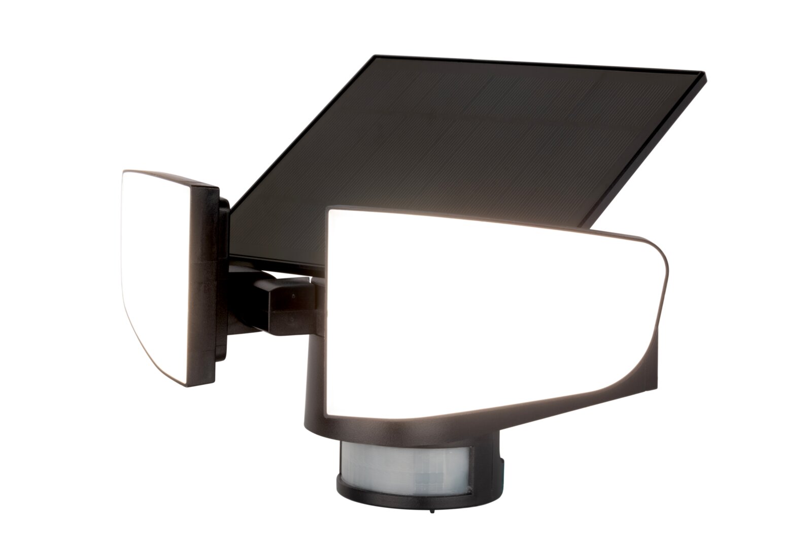 Solar-LED-Außenleuchte mit zwei leuchtenden Paneelen und Solarpanel, seitliche Perspektive
