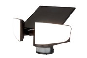 Solar-LED-Außenleuchte mit zwei leuchtenden Paneelen und Solarpanel, seitliche Perspektive