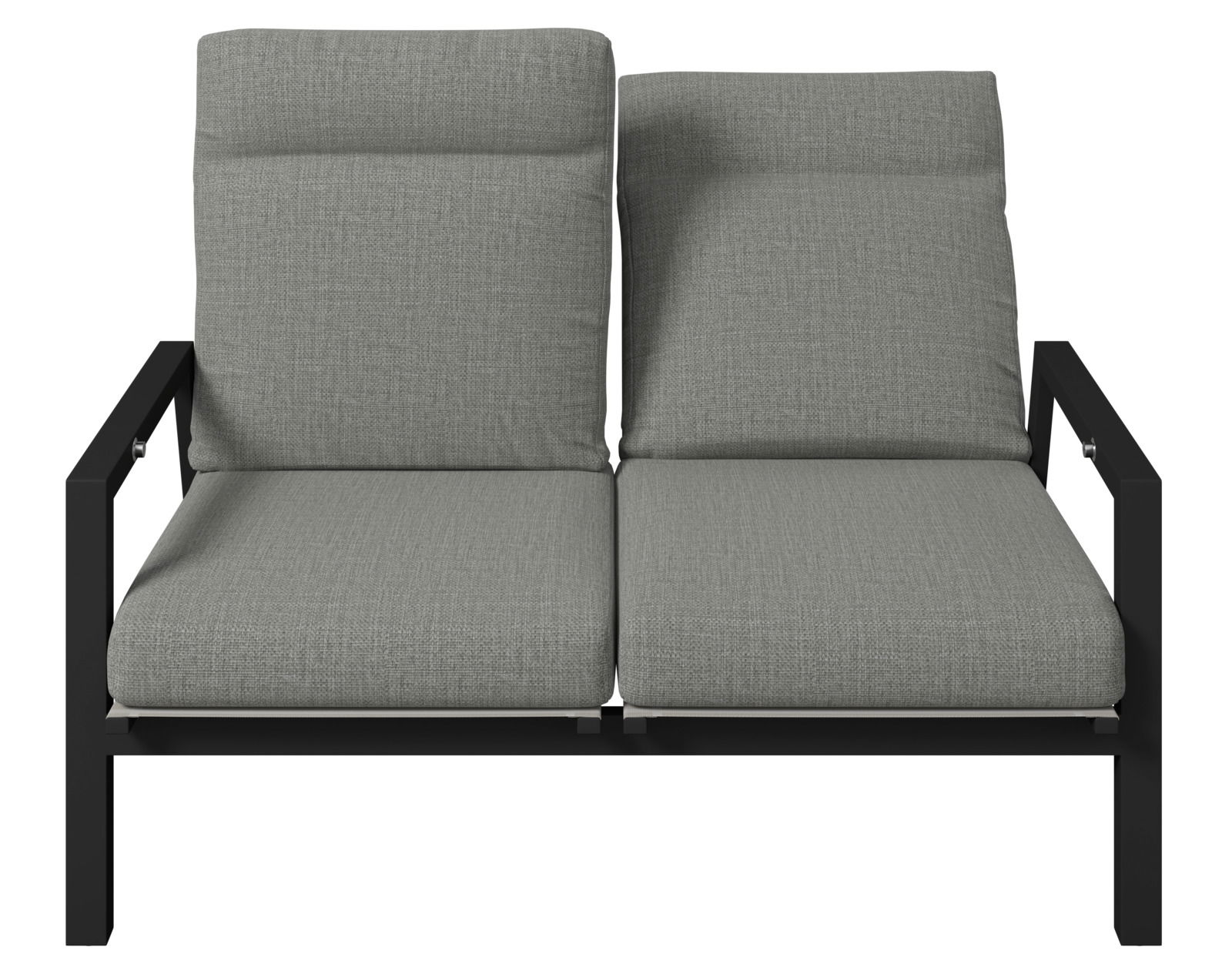 Gartenbank 2er mit grauen Polstern, Vorderansicht