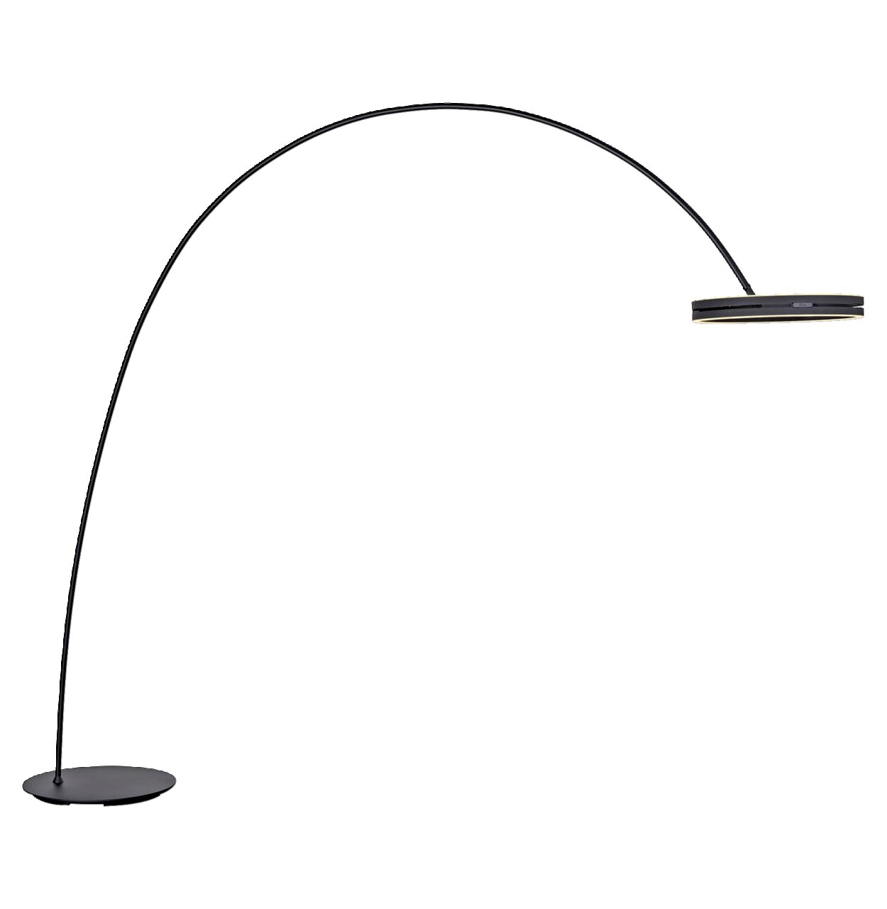 Moderne LED-Bogenleuchte in seitlicher Perspektive mit schlankem, gebogenem Design und rundem Lampenschirm.